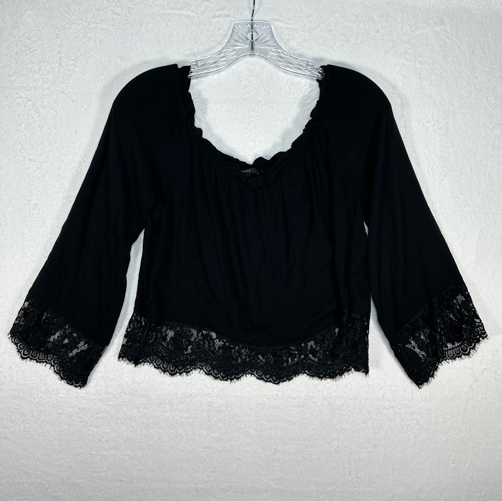 Forever 21 Womens Black Crop Top Blouse Bell Sleeve Sz Large Whimsical Goth‎